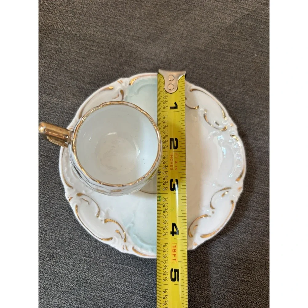Demitasse Cup & Saucer High Handle Gold On Fine White Porcelain Vintage FLAW